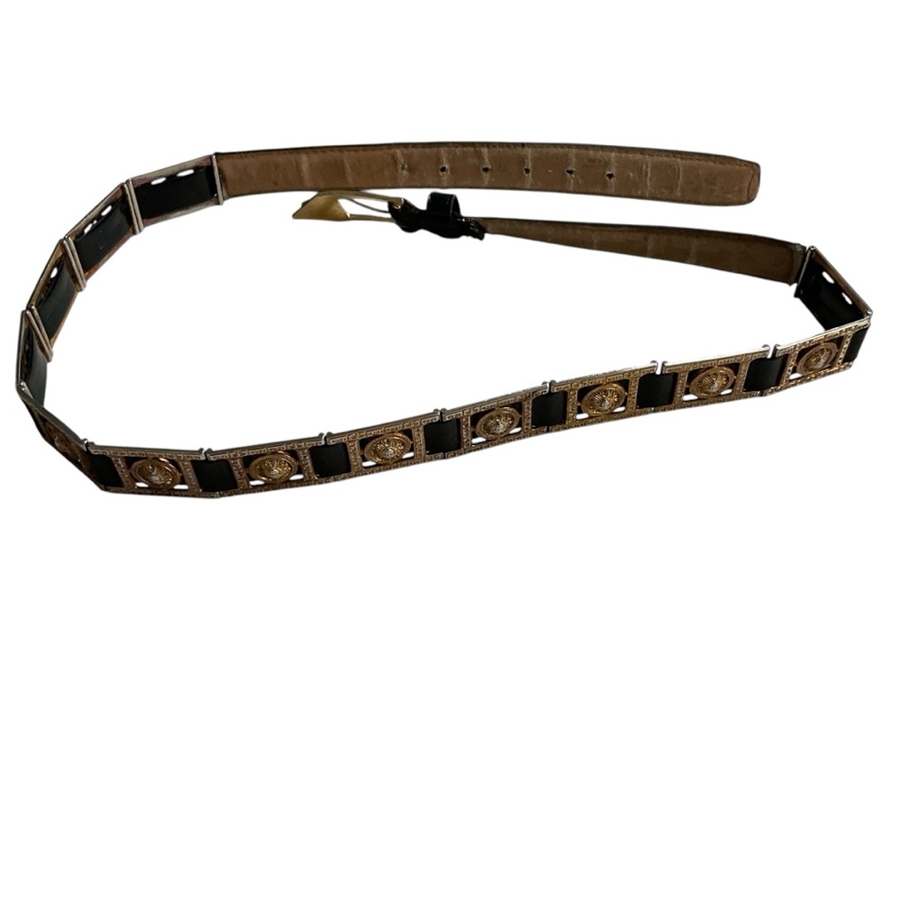 Vintage Unbranded Black Faux Leather Gold-Tone Ornate Panel Belt